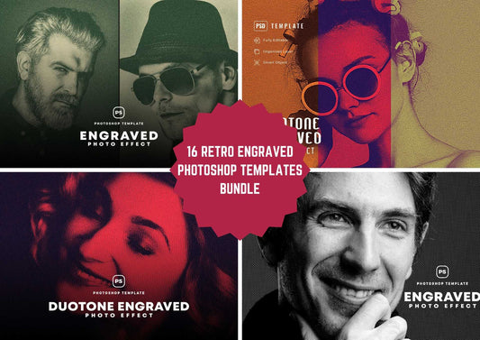 16 Retro Engraved Photoshop Templates Bundle - Photoboto