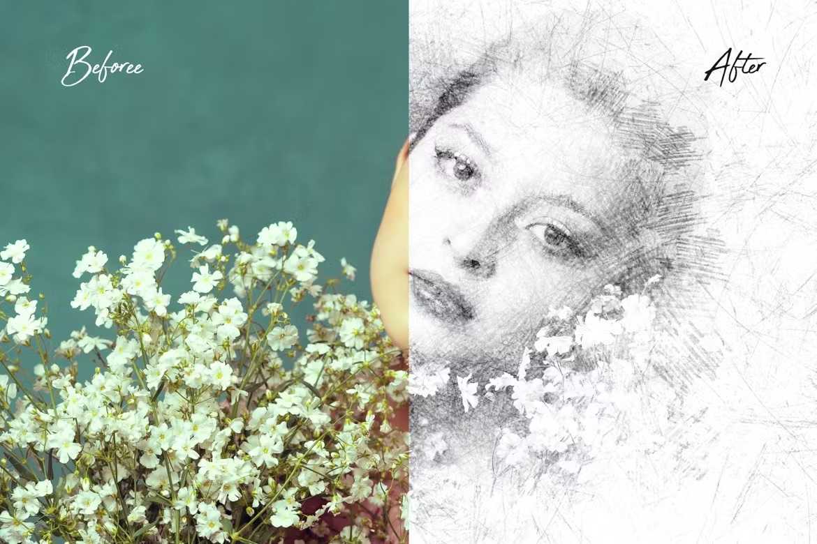 26 Pencil Drawing Photoshop Template Bundle - Photoboto