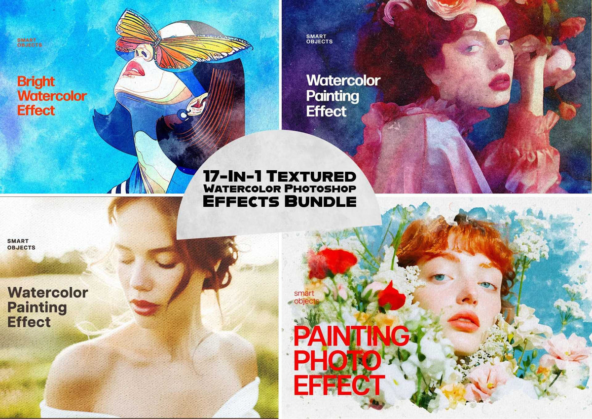 17-In-1 Textured Watercolor Photoshop Effects Bundle