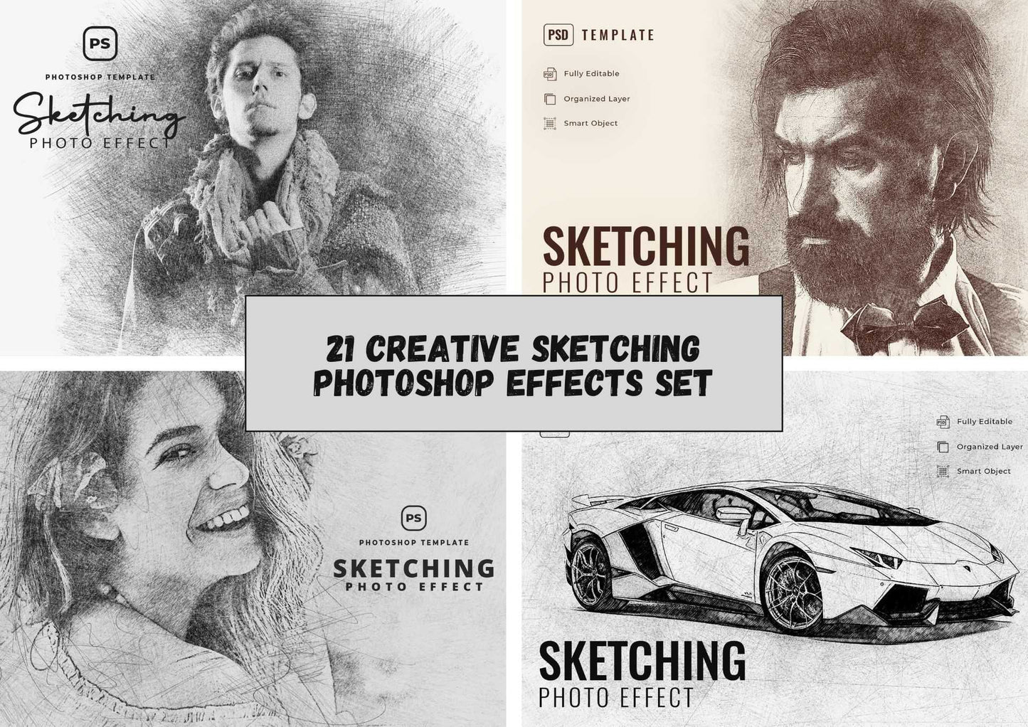 21 Creative Sketching Photoshop Effects Set