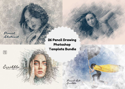 26 Pencil Drawing Photoshop Template Bundle - Photoboto