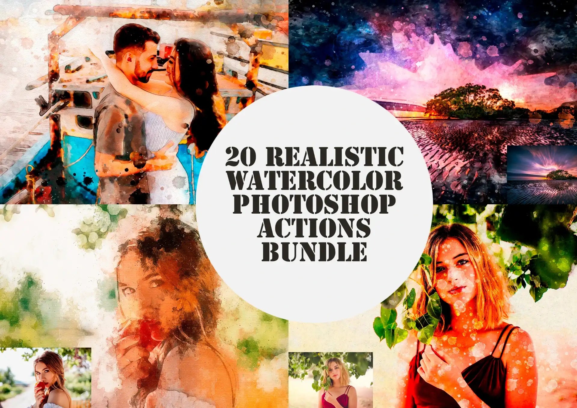20 Realistic Watercolor Photoshop Actions Bundle - Photoboto